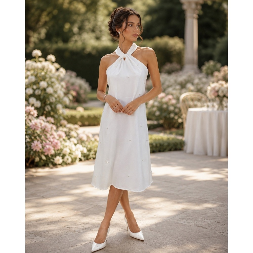 Halter Mini Dress Womens Large White Excellent faux Pearl Embellished Tie Back